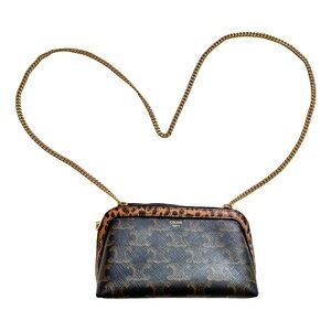 Celine Triomphe Canvas Calfskin Leopard Print Mini Crossbody Bag with Chain